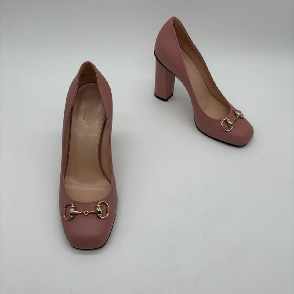 Gucci Pink Leather Block Heel Pumps with Gold Horsebit